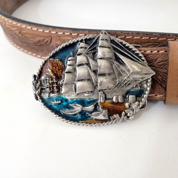 Bergamot Brass Works Clipper Ship Buckle with Tooled Leather Belt Size 40. - Picture 2 of 9